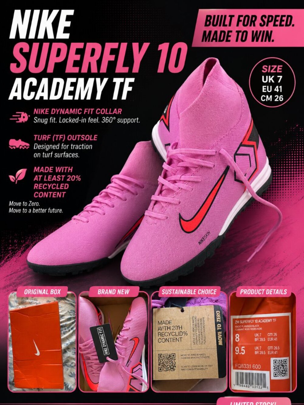 Nike Zoom Superfly 10 Academy TF Pink Soccer Cleats Turf Shoes Women’s 9.5 / Men